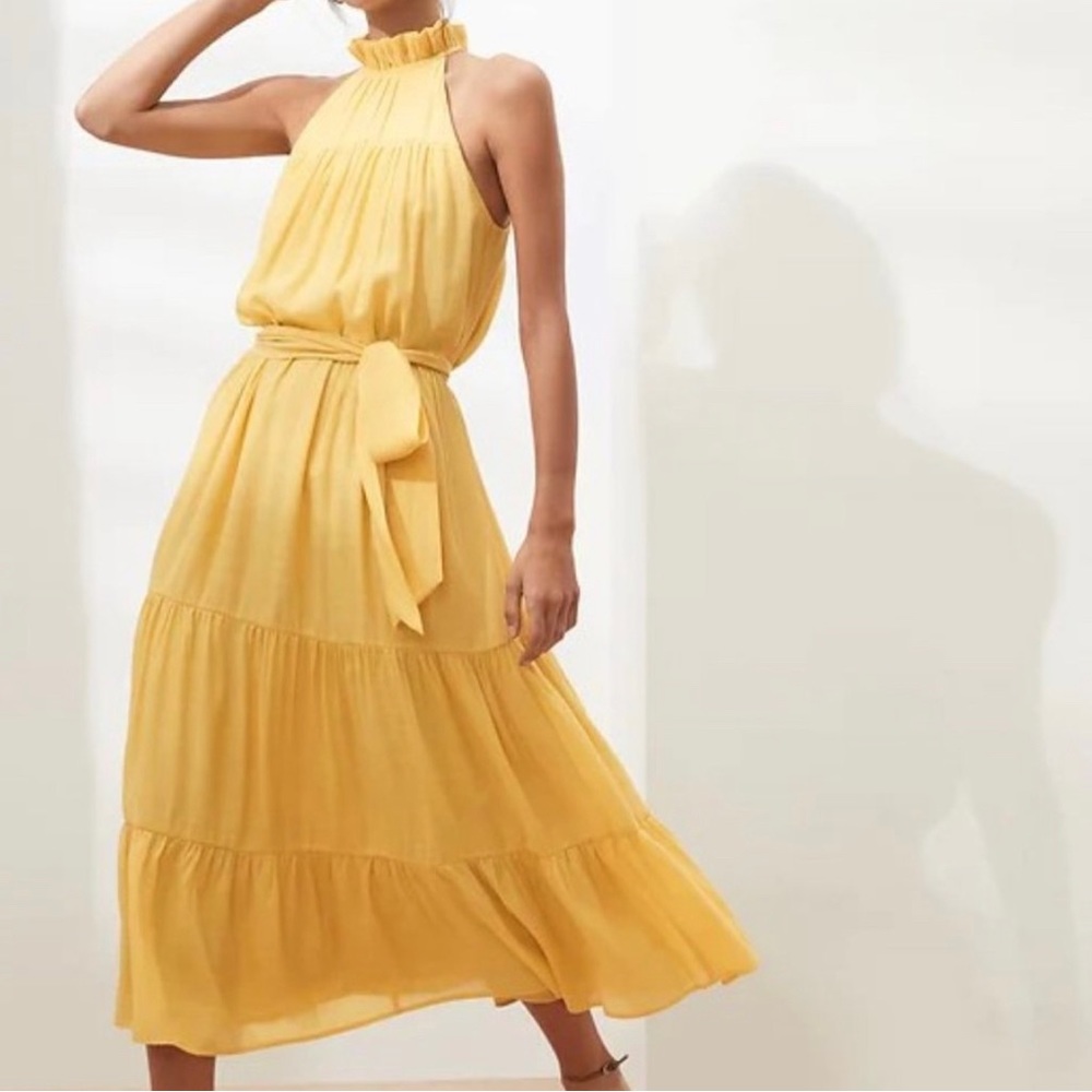 New Banana Republic Tiered Sleeveless Ruffle Neck Belted Halter Dress